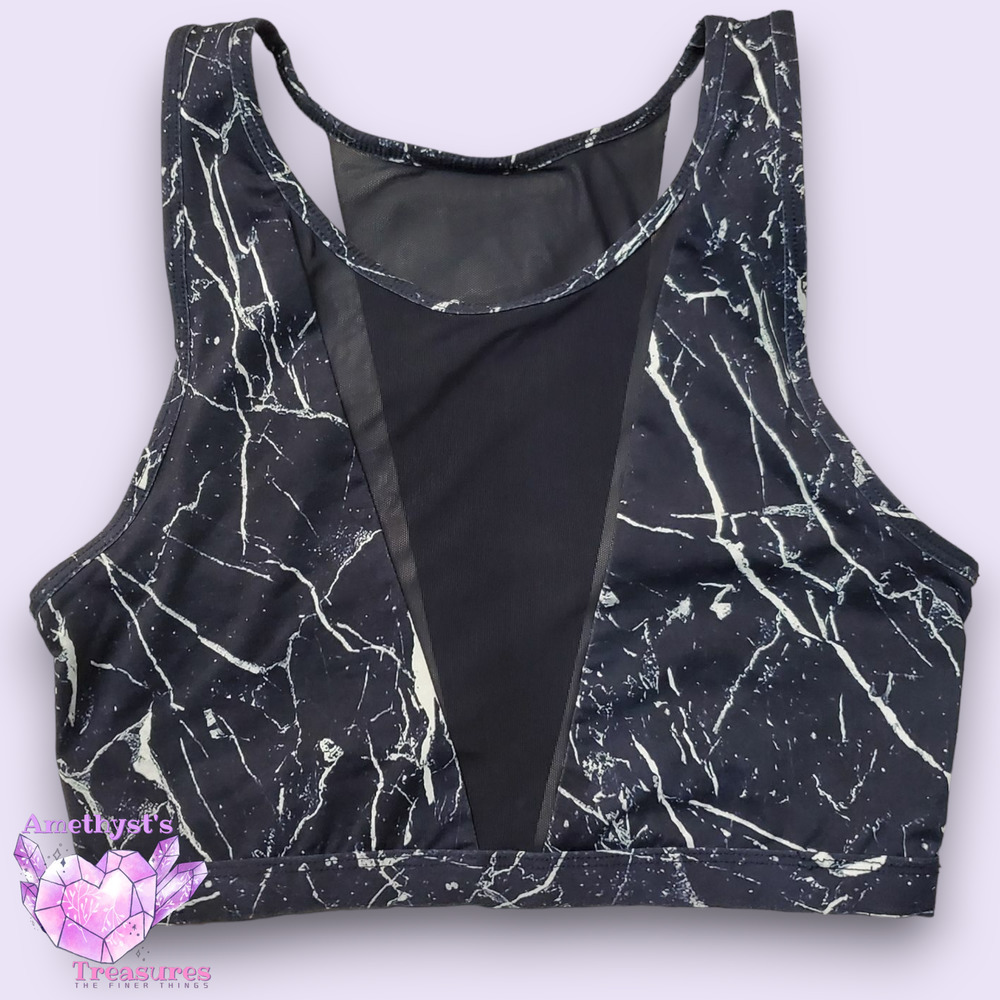 VARLEY XS S Womens Sports Bra Crop Top Marbled black white mesh cut out halter